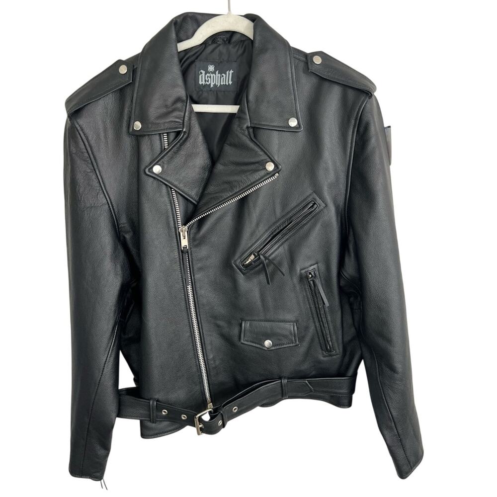 Vintage Asphalt Heavy Motorcycle Jacket Mens 52 Black Leather Full Zip Biker XXL